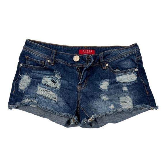Guess Los Angeles Denim Jean Shorts Blue Distressed Frayed Hem Juniors - Picture 1 of 6